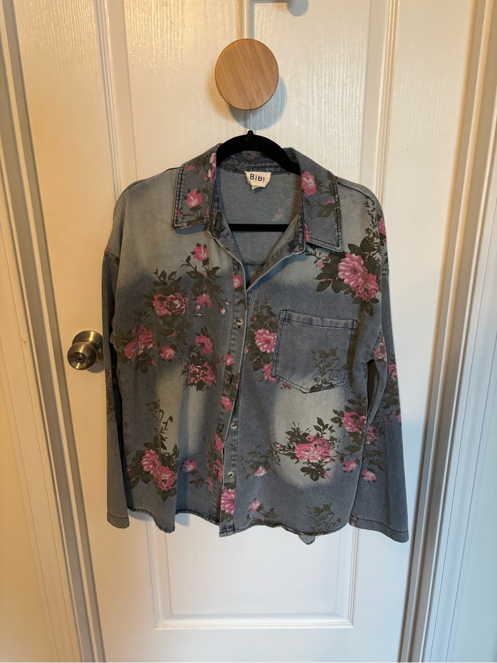 BiBi Light Blue Denim Shirt with Pink Floral Accents